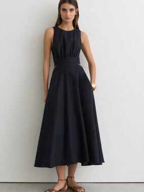 REISS - Hazel Linen-Cotton Cut-Out Midi Dress in Navy